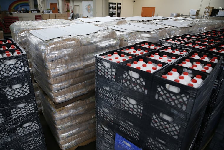 Milk and split peas stored in the warehouse at Share Food Program in Hunting Park.