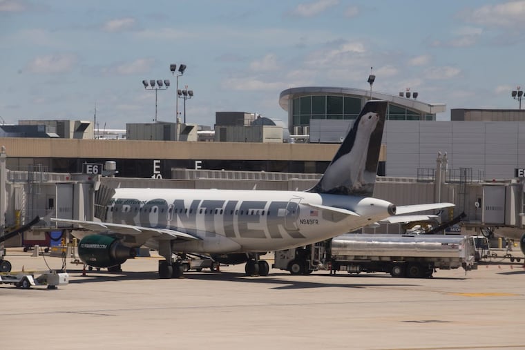 A Frontier Airlines plane at Philadelphia International Airport.