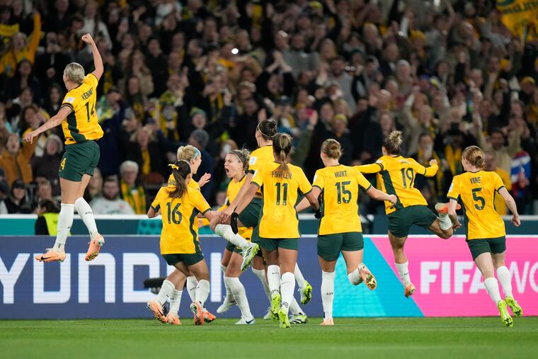 Australia celebrates after teammate Steph Catley scored what proved to be the only goal of the Aussies' victory over the Republic of Ireland.