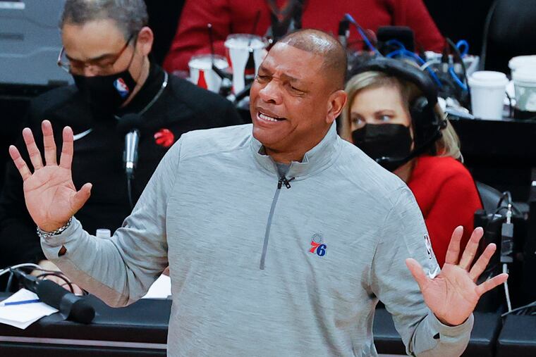 Sixers Head Coach Doc Rivers disputes a foul call on his team against the Toronto Raptors during game four of the first-round Eastern Conference playoffs on Saturday, April 23, 2022 in Toronto.