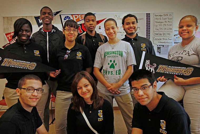 Ten Kensington CAPA seniors will attend Bloomsburg University this fall: (clockwise from top left) Angel Hardy, Kenneth Wearing, Gelane Pratts, Quamire Wright, Amber Martinez, Jonathan Delgado, Taisha Martinez, Carlos Fuentes, Aysis Santana and Justin Acevedo. (Alejandro A. Alvarez/Staff)