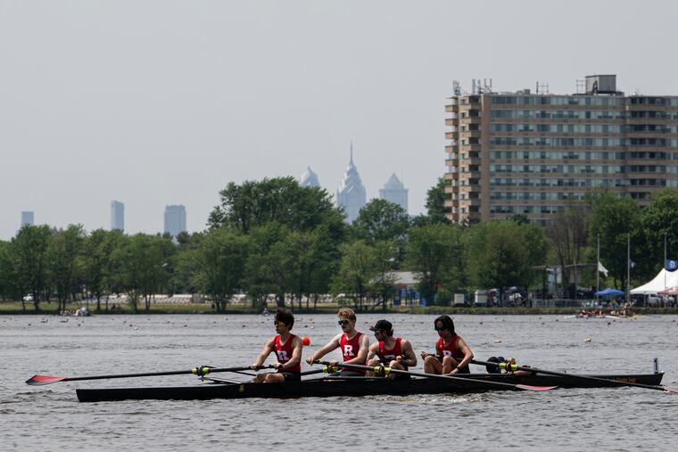 Rowers from Rutgers prepare at the starting line of their Mens Fours Novice race, during the annual Dad Vail regatta which was held in Pennsauken, N.J. Friday, May 12, 2023.