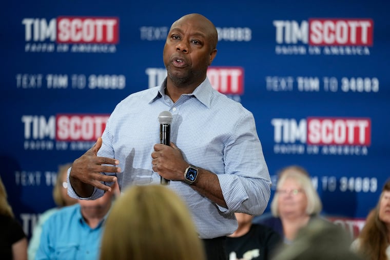 Republican presidential candidate Sen. Tim Scott, R-S.C., speaks during a town hall meeting on Aug. 31, 2023, in Oskaloosa, Iowa.