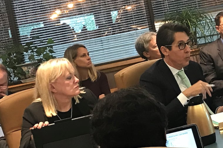 Pennsylvania banking secretary Robin Weissman (left) and state Treasurer Joe Torsella (center) at last month's PSERS board meeting, where they voted against investments recommended by PSERS staff. At a separate meeting, four SERS trustees voted against a new investment with Apollo Global Management, one of Pennsylvania's largest pension investment contractors.