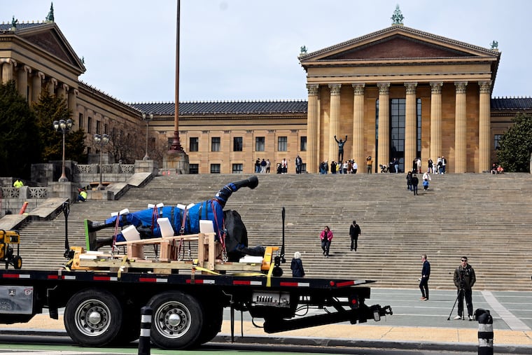 The Rocky statue, which leaves the bottom of the Philadelphia Museum of Art’s steps, is transported inside the museum to be included in an upcoming exhibition.