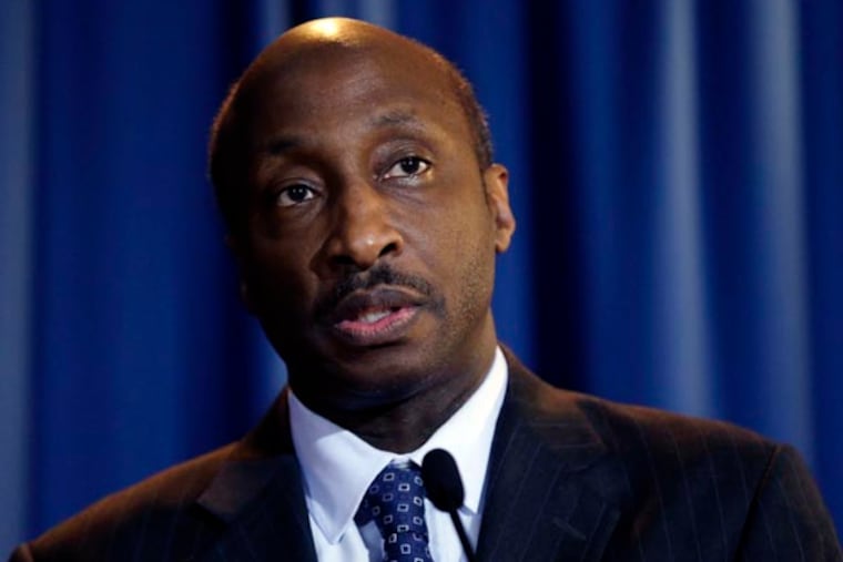 FILE - In this Friday, July 13, 2012 file photo, Merck CEO Kenneth Frazier speaks at a news conference after a meeting at Penn State University's Worthington Scranton campus in Dunmore, Pa. Frazier is convinced nearly everyone, from patients to long-term investors, wants the world's third-largest drugmaker to take big risks. One of Merck's biggest gambles is the tens of millions it's pouring into an experimental treatment for a new type of Alzheimer's drug. (AP Photo/Matt Rourke, File)