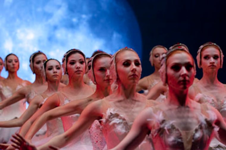 In a "Black Swan" scene, actress Natalie Portman (third from the front) is in line with the eager Pennsylvania Ballet dancers. (Source: Fox Pictures)
