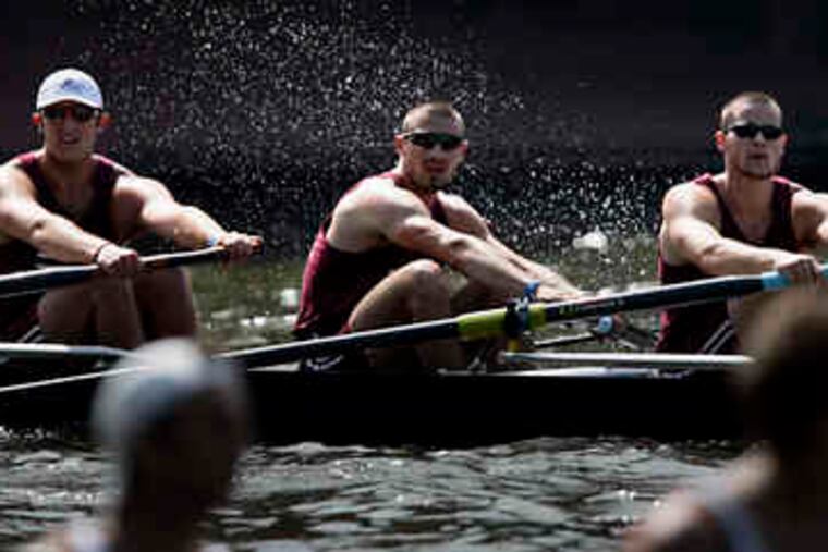 Finishing first in their heat is the Temple Men's Varsity Heavyweight Eight, including (from left) Brian Reehill, Brendan Cunningham, Tom Masterson and John Masterson.