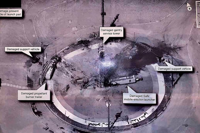 This image taken from the Twitter account of President Donald J. Trump, @realDonaldTrump, shows an undated photo of the aftermath of an explosion at Iran's Imam Khomeini Space Center in the country's Semnan province. The explosion Thursday, Aug. 29, 2019, left the smoldering remains of a rocket on a launch pad at the center, which was to conduct a U.S.-criticized satellite launch. In his tweet Friday, Aug. 30, 2019, Trump wrote: "The United States of America was not involved in the catastrophic accident during final launch preparations for the Safir SLV Launch at Semnan Launch Site One in Iran. I wish Iran best wishes and good luck in determining what happened at Site One."
