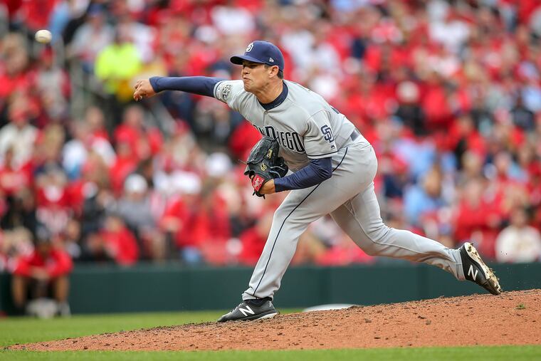 Robert Stock pitching for the Padres against the Cardinals in April.