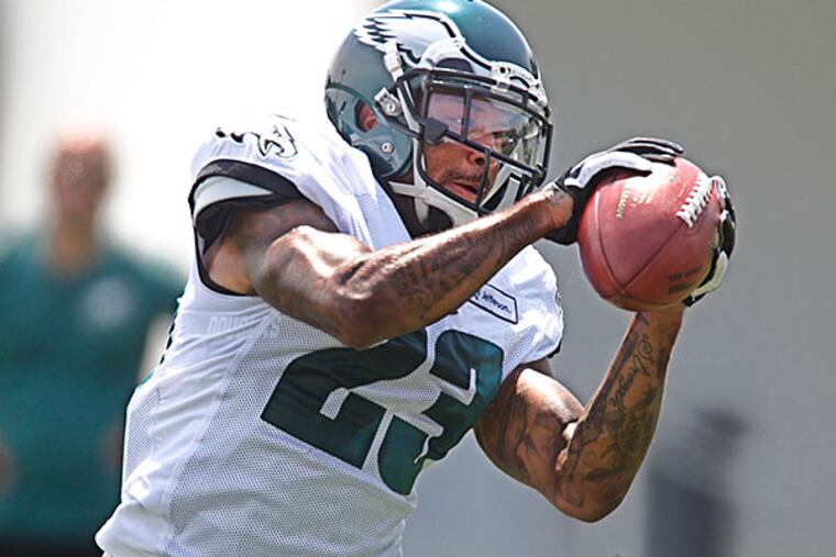 Eagles defensive back, #23, Nolan Carroll, runs his defensive route and catches the ball thrown to him during the 4th day of training camp at the Nova Care Center.