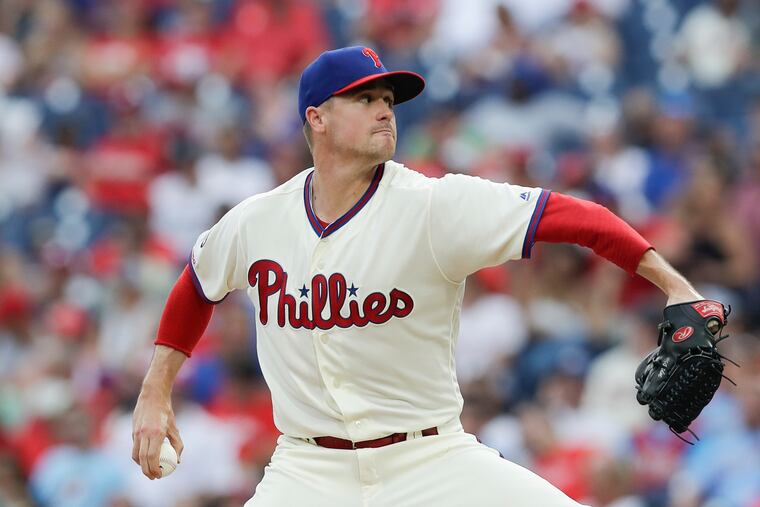 Phillies pitcher Mike Morin throws the baseball during the eighth-inning against the San Diego Padres on Sunday, August 18, 2019 in Philadelphia.