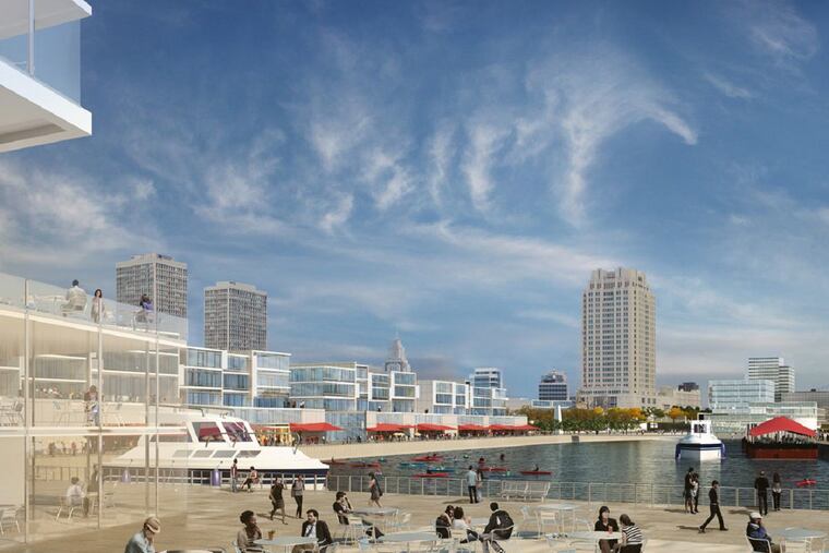 Conceptual artist's rendering of Penn's Landing after planned redevelopment. These images show low-rise buildings planned along the southern section of Penn's Landing's main strip.