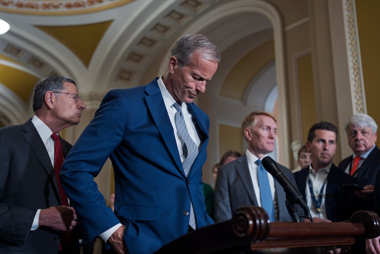 Senate Majority Leader John Thune (R., S.D.), flanked by Sen. John Barrasso (R., Wyo.) (left,) the GOP whip, and Sen. James Lankford (R., Okla.), pauses as he speaks to reporters ahead of a Wednesday meeting with President Donald Trump, at the Capitol in Washington, Tuesday, June 23, 2026.