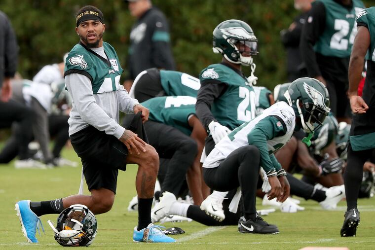 Eagles wide receiver DeSean Jackson, left, warms up as the Philadelphia Eagles practice at the NovaCare Complex in Philadelphia, PA on October 31, 2019. The Eagles are preparing for the visiting Bears on Sunday.