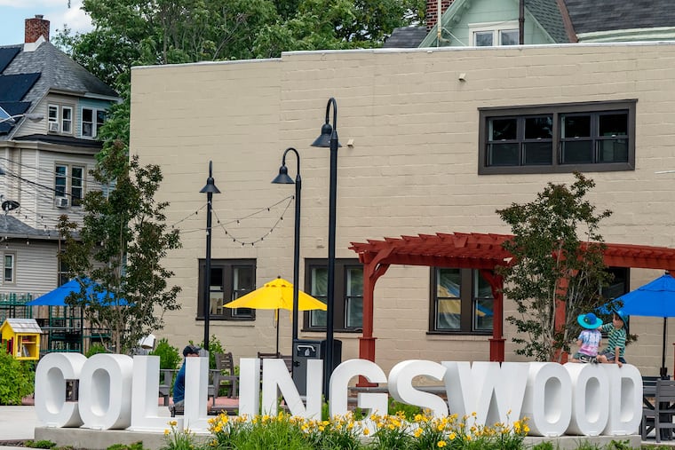 The downtown “pocket park” with Collingswood letters sign Sunday, June 21, 2026. The borough has faced challenges and growing pains since COVID. Its downtown is lively during weekend days with young families bustling up and down Haddon Avenue but by night, especially during the mid week the main drag is much more quiet. Elected officials and business owners recognize that the town needs more experiential businesses.