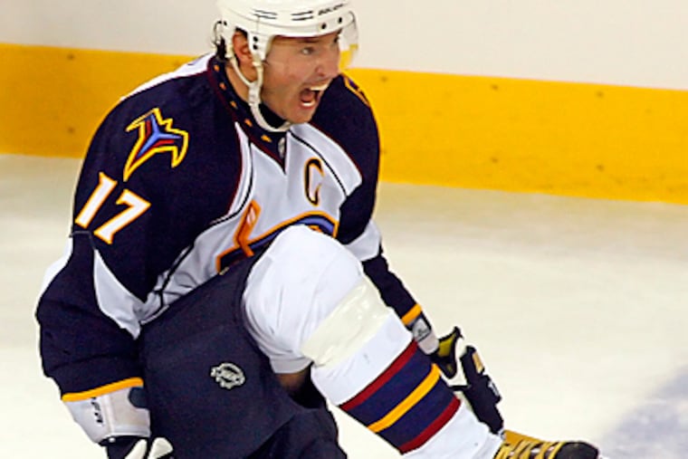Atlanta Thrashers' Ilya Kovalchuk (17) celebrates a go-ahead goal against the Carolina Hurricanes. (AP Photo/Karl B DeBlaker)