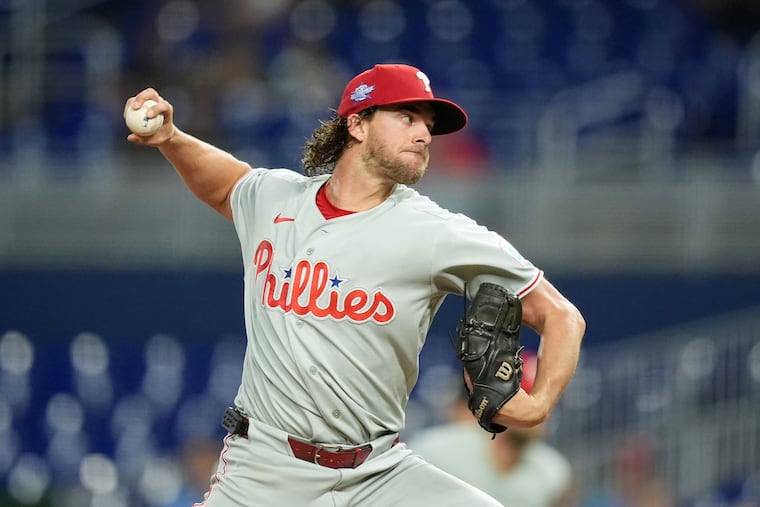 Aaron Nola pitched six scoreless innings against the Marlins on Monday.