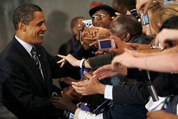 Democratic presidential candidate Sen. Barack Obama, D-Ill., greets supporters Friday afternoon, Oct. 17, 2008 at the Roanoke Civic Center in Roanoke, Va. (AP Photo/The Roanoke Times, Sam Dean)