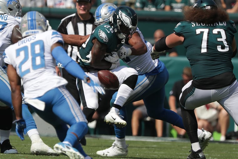 The first of Eagles running back Miles Sanders two fumbles on the same drive on Sunday. The Birds recovered this one, but weren't so lucky later on.