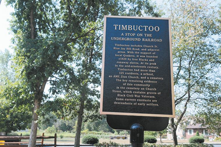 A sign for the Timbuctoo site, pictured Sept. 9, 2010, can be found at the intersection of Church and Rancocas roads. (Sarah J. Glover / Staff Photographer)