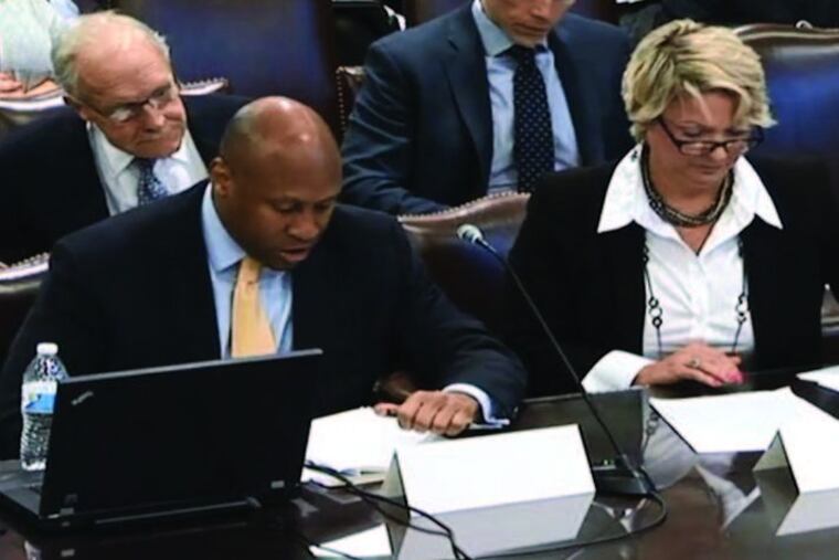 Bryan Lewis and Terrill Sanchez, chief investment officer and executive director for SERS, present at a Pension Fund Review Committee meeting in November.