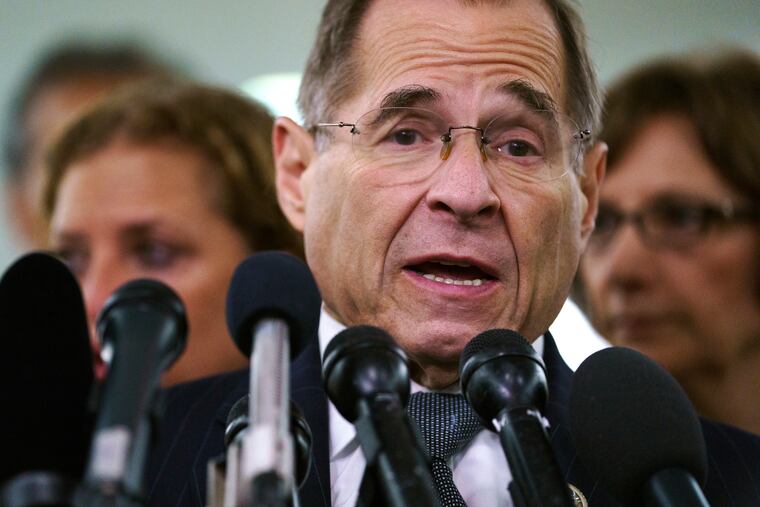 FILE - In this Sept. 28, 2018, file photo, House Judiciary Committee ranking member Jerry Nadler, D-N.Y., talks to media during a Senate Judiciary Committee hearing on Capitol Hill in Washington. Nadler, the top Democrat on the House Judiciary Committee says he believes it would be an "impeachable offense" if it's proven that President Donald Trump directed illegal hush-money payments to women during the 2016 campaign. But Nadler, who’s expected to chair the panel in January, says it remains to be seen whether that crime alone would justify Congress launching impeachment proceedings. (AP Photo/Carolyn Kaster, File)