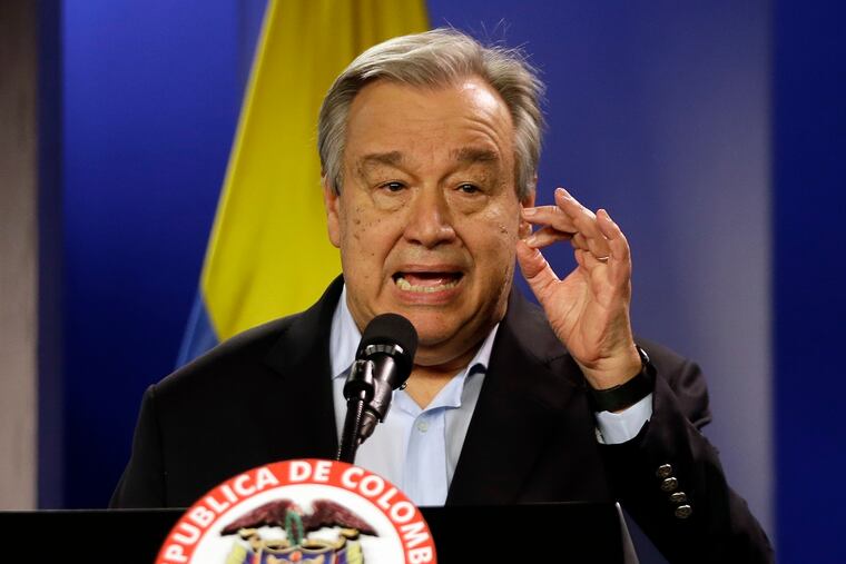 FILE - Jan. 13, 2018 file photo, U.N. Secretary-General Antonio Guterres talks to the media during a join declaration with the Colombian president, in Bogota, Colombia. Saying humanity is waging war with the planet, the head of the United Nations isn’t planning to let just any world leader speak about climate change in Monday’s special “action summit.”
Guterres says only those with new specific and bold plans can command the podium and the ever-warming world’s attention. (AP Photo/Fernando Vergara, File)