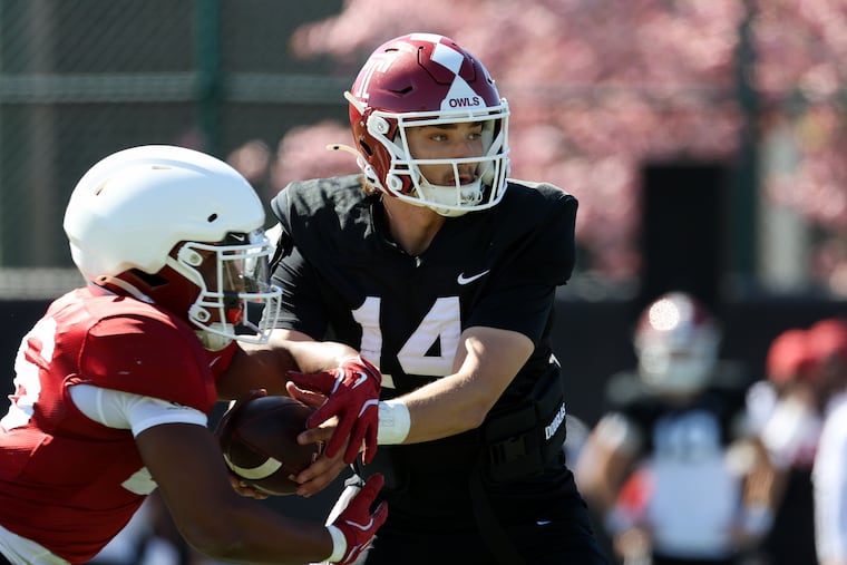 Penn State transfer Jaxon Smolik (14), shown during the Cherry and White game in the spring, is battling for Temple's starting quarterback spot.