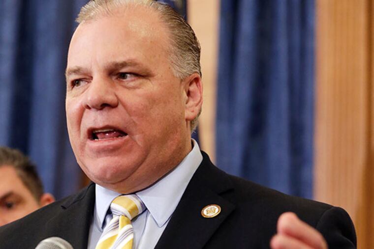 New Jersey Senate President Stephen Sweeney, D-West Deptford, talks during a news conference as Democrats give their rebuttal following Gov. Chris Christie's State Of The State address at the Statehouse, Tuesday, Jan. 14, 2014, in Trenton, N.J. (AP Photo/Julio Cortez)