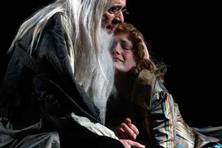 Julianna Zinkel is Lucie Manette and Steven Novelli plays her father, freed after wrongful imprisonment in the Bastille.