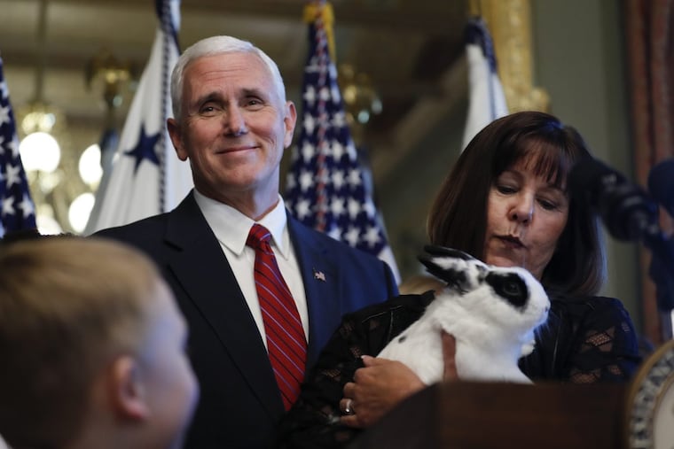 Vice President Mike Pence and his wife, Karen, holding their pet rabbit Marlon Bundo.