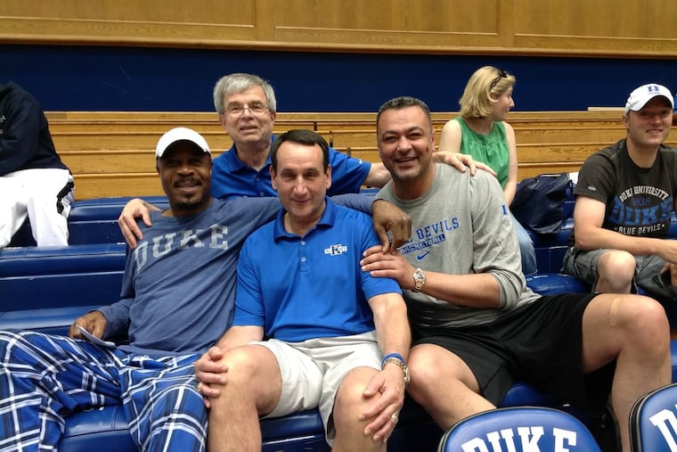 (From left) Gene Banks with Coach K, Alaa Abdelnaby and Dennis “Moe” Mlynski, back, one of K’s oldest friends from Chicago, at the 2020 Duke fantasy camp.