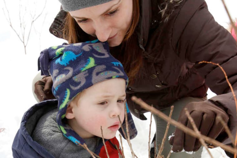 Jack Guldalian and teacher Nicole Brin examine a praying mantis egg case. (Michael S. Wirtz / Staff Photographer)