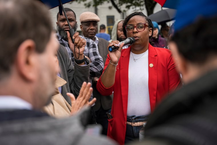 Rep. LaMonica McIver demands the release of Newark Mayor Ras Baraka after his arrest while protesting outside an ICE detention prison on May 9 in Newark, N.J.