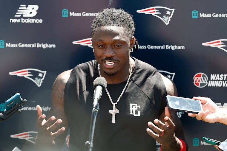 Patriots wide receiver A.J. Brown meets with the media after a joint practice with the Eagles on Wednesday.