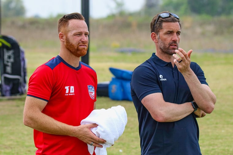 Liam Plunkett (right) with Rusty Theron (left), a South African bowler who changed nationality and now plays for the United States, at a U.S. men's national cricket team practice session last month in Houston.