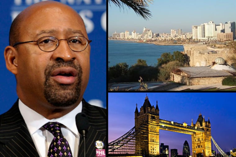Mayor Nutter is about to embark on an eight-day mission to sell overseas markets like Tel Aviv (top right) and London (bottom right) on Philly as a world-class city.