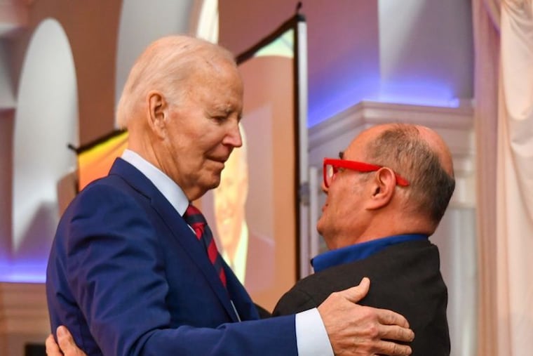 President Joe Biden and Philadelphia Gay News and Stonewall Awards founder Mark Segal, left, speak to each other on stage at the 2026 Stonewall Awards in Philadelphia on June 7, 2026.