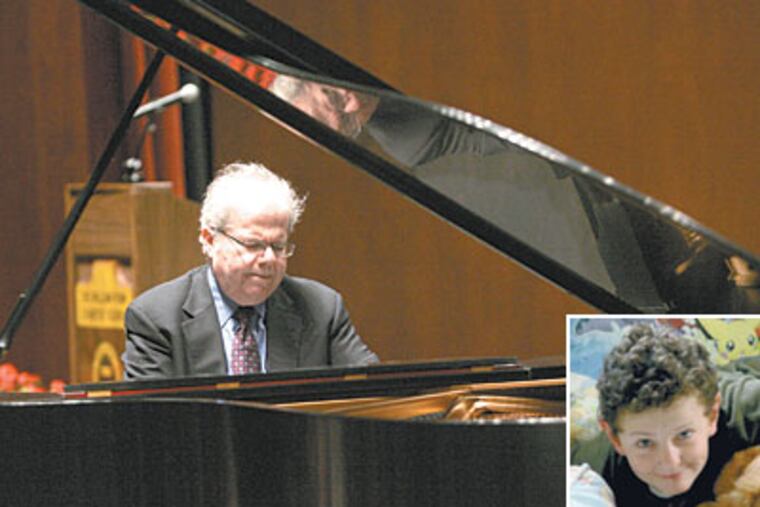 Emanuel Ax plays the Steinway donated to Penn Charter by the parents of Antonios "Tony" Thomas (inset), a Penn Charter student and classical music lover who died at age 13. (CHARLES FOX / Staff Photographer)