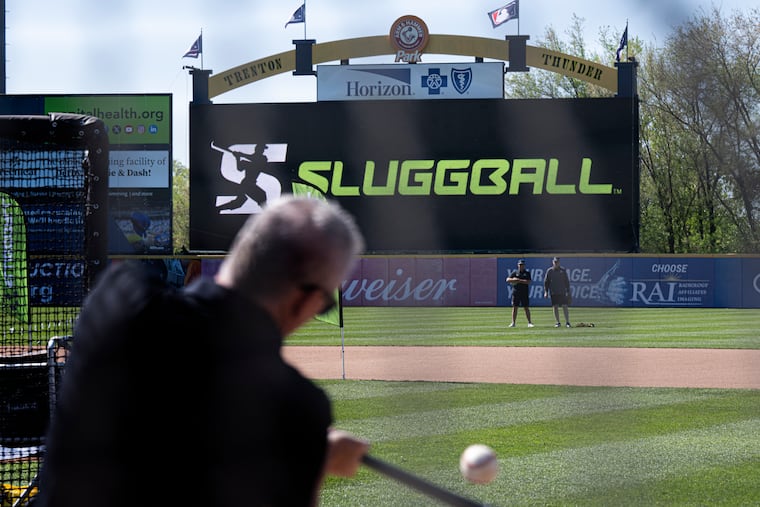 A player swings during a Sluggball game Monday at the Trenton Thunder Ballpark in Trenton.