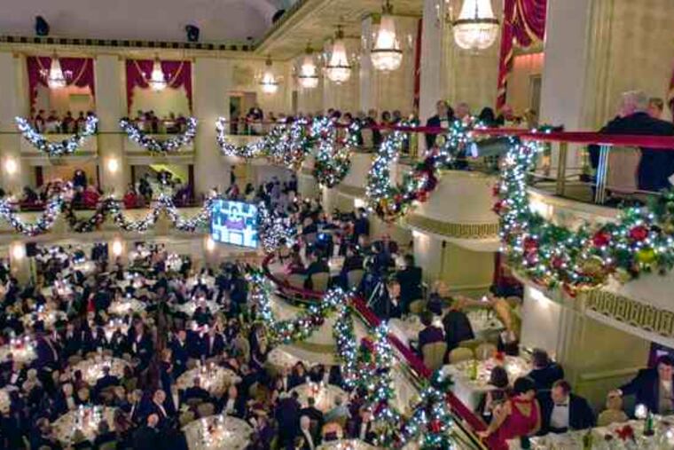 Ballroom of the Waldorf-Astoria, decked out for the Pennsylvania Society dinner.