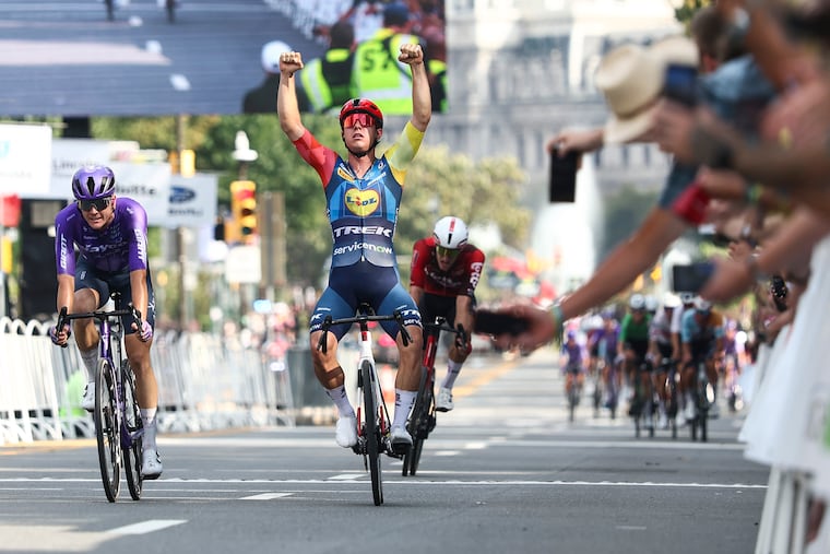 Tim Torn Teutenberg crosses the finish line to win the men’s race in the Philadelphia Cycling Classic on Sunday.