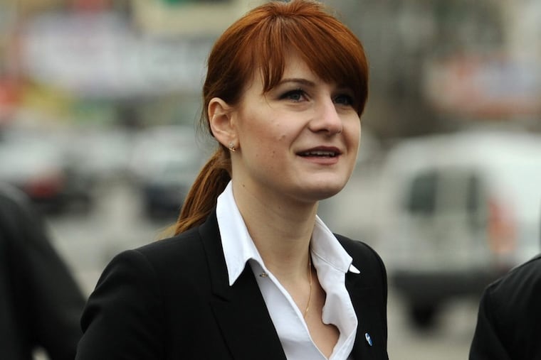 In this file image, Maria Butina attends a rally at Krasnopresnenskaya Zastava Square in support of legalizing the possession of handguns and gun ownership on April 23, 2013, in Moscow.