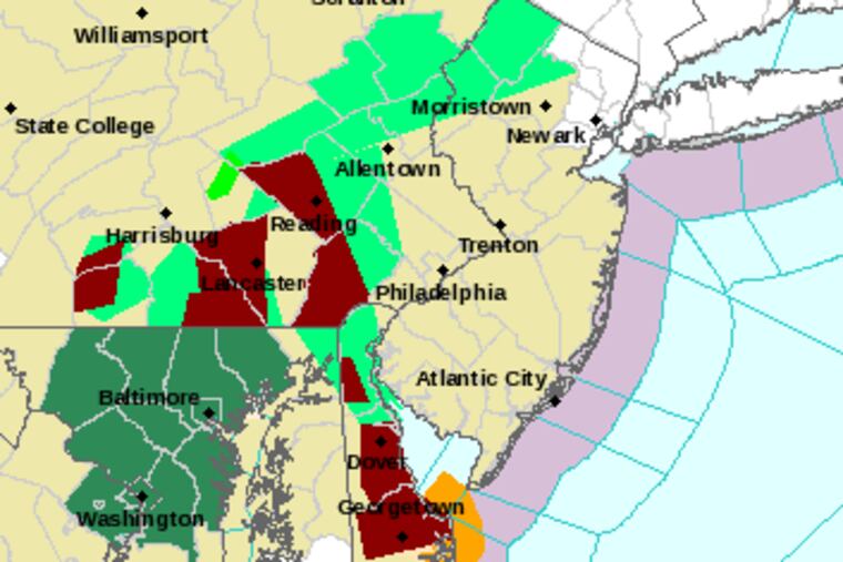 Red zone marks flood warnings; green, "flood advisory."