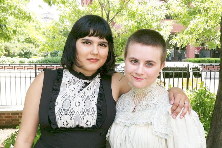 Noelia Rivera (left) and Violette Carb, before their before their marriage on Independence Mall as part of the PrideDay festival in Phila. on 6/8/14.