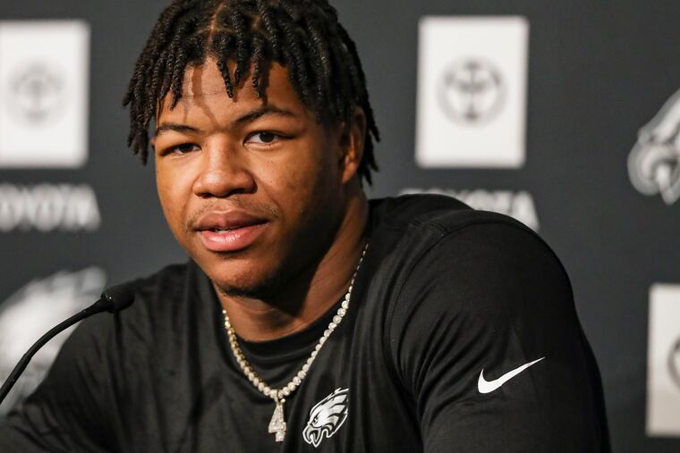 Eagles’ linebacker Nolan Smith speaks to the media ahead of an Eagles rookie mini camp at the NovaCare Complex in Philadelphia on Friday, May 5, 2023. Smith was drafted 30th overall by the Eagles.