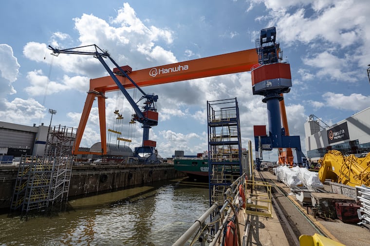 The newly repainted Goliath Crane is shown on Wednesday, July 16, 2025, at the Hanwha Philly Shipyard in Philadelphia.