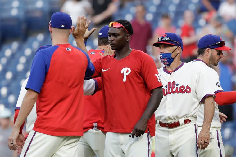 Phillies shortstop Didi Gregorius (middle) resumed his minor-league rehab assignment Thursday night at triple-A Lehigh Valley and went 2-for-2 with an RBI double.