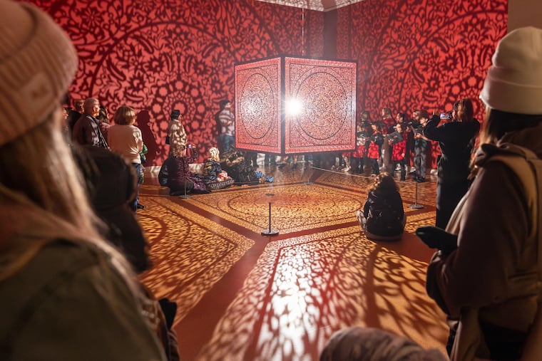 Anila Quayyum Agha, "All the Flowers Are For Me," (2016). Lasercut lacquered steel and halogen bulb, 60 x 60 x 60 inches.